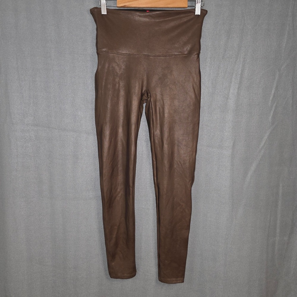 Spanx Faux Leather Leggings Women XL Espresso Brown High Waist Shaping Moto Chic